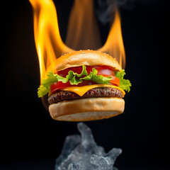 Cheeseburger on fire with flames and ice hamburger