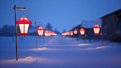 Snowy pathway illuminated by vibrant red lanterns at dusk