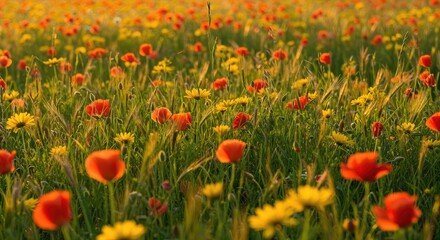 Fototapeta premium Vibrant Poppy and Daisy Meadow: A Golden Hour Symphony of Color and Light