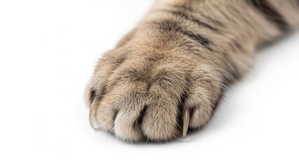 Obraz premium Close up of a soft furred cat paw resting on a white background.