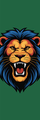 Fototapeta premium Roaring lion head mascot with blue mane and orange face on green background powerful predatory animal illustration for sports team branding gaming logo design and corporate strength concept art
