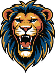 Obraz premium Roaring lion head mascot illustration with fierce expression and sharp teeth for sports team logo branding powerful jungle predator animal graphic for athletic apparel design and esports gaming