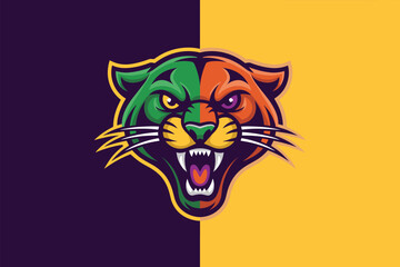 Panther mascot head sports logo with fierce roaring cougar face vector illustration for gaming team identity athletic competition branding aggressive wild cat predator graphic for esports apparel
