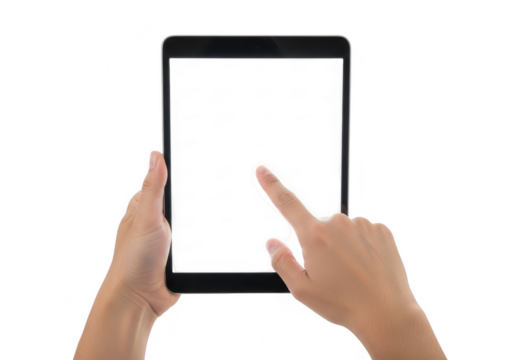 Hands holding a tablet computer isolated on transparent background - Powered by Adobe