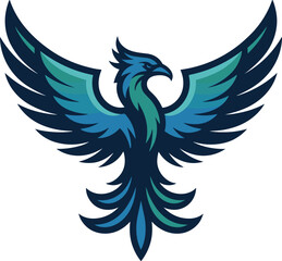 Fototapeta premium Phoenix bird esport logo mascot with spread wings in teal and blue colors mythical creature icon for gaming team sports identity branding professional fantasy animal graphic for web design use