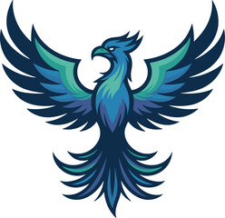 Obraz premium Phoenix bird mascot logo with spread wings blue and teal mythical firebird icon represents rebirth and innovation professional sports team branding gaming clan emblem or corporate startup identity