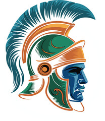 Ancient Greek spartan warrior head mascot illustration wearing golden helmet with blue plume for sports team logo branding heroic roman gladiator profile graphic for gaming and e-sports design