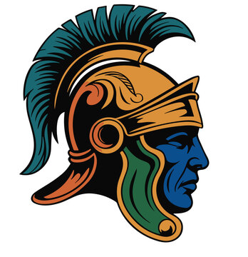 Roman centurion warrior mascot logo with golden gladiator helmet and blue spartan soldier profile for sports team branding gym fitness strength competition courageous ancient history concept