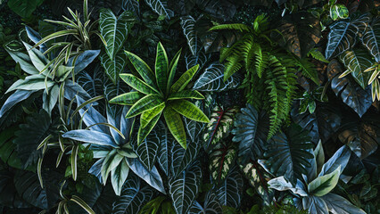 Full Frame of Green Leaves Pattern Background, Nature Lush Foliage Leaf Texture, tropical leaf