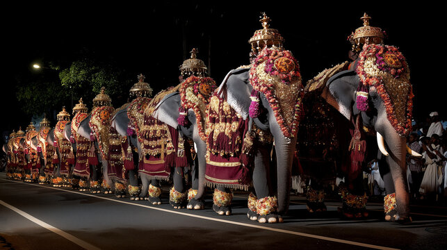Majestic Decorated Elephants Leading Duruthu Perahera Night Procession in Colombo Sri Lanka