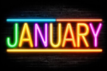 A vibrant neon sign glows in a dark setting, displaying the month of January, radiating modern aesthetic and illuminated typography. ..Created with Generative AI, not depicting real subjects.