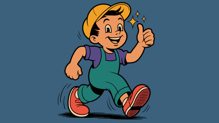 Retro cartoon character boy handyman walking with thumbs up gesture wearing overalls and cap classic vintage mascot illustration for home repair service brand identity and construction marketing