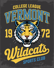 Vintage tiger wildcats sports logo illustration for college league varsity team apparel design featuring fierce wild cat mascot head with retro typography for athletic club streetwear fashion