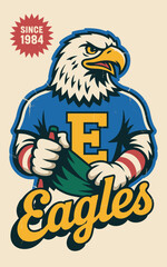 Vintage bald eagle mascot illustration for sports team branding featuring a powerful bird character in athletic apparel with retro aesthetic for high school college and varsity league apparel design