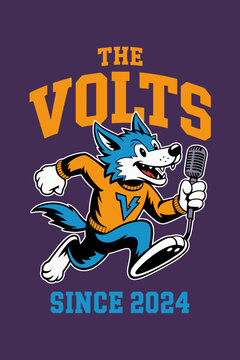 Blue wolf mascot character running with microphone for podcast logo and sports team branding energetic cartoon fox illustration for music entertainment broadcasting and high school varsity sports