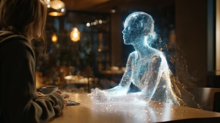 A mesmerizing scene unfolds as two figures, one a luminous ethereal being, engage in a deep and profound conversation within a modern. ..Created with Generative AI, not depicting real subjects.