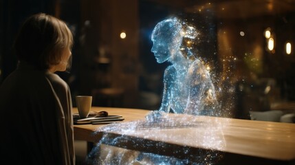 A captivating futuristic scene unfolds, where a person engages in a fascinating conversation with a digital hologram. ..Created with Generative AI, not depicting real subjects.