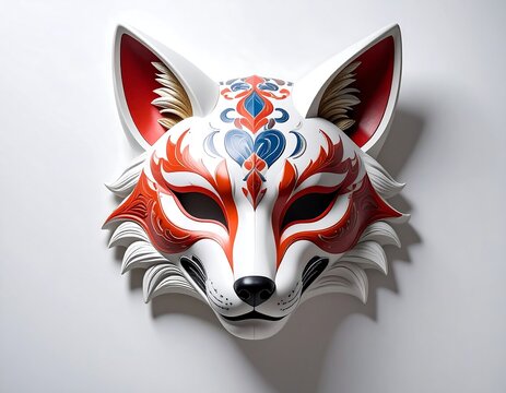 Ornate, stylized fox mask with striking red, white, and blue patterns mounted on a clean white background