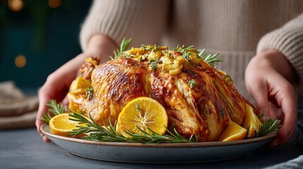 A beautifully roasted turkey glistens with a golden hue, surrounded by fresh herbs and vibrant lemon slices. This centerpiece invites joy during special occasions and family gatherings