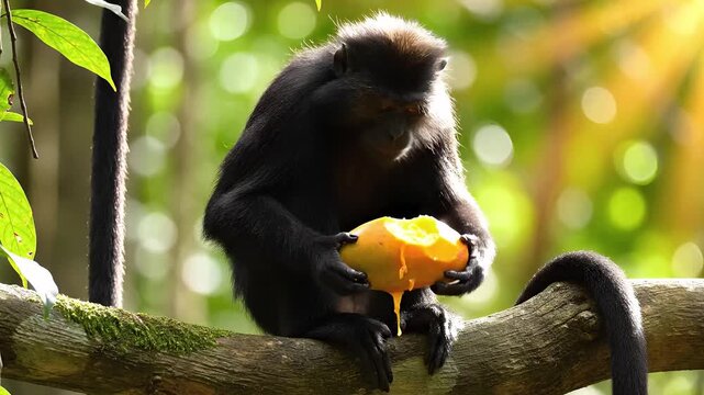 Black monkey primate eating ripe mango fruit perched on mossy tree branch sunlit jungle foliage bokeh background wildlife nature scene