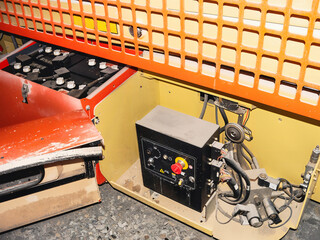 Forklift battery compartment and electrical control panel with wiring