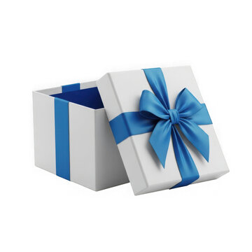 White gift box with blue ribbon isolated on a transparent background present