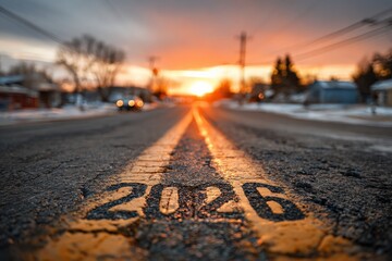 A captivating shot captures the year 2026 etched upon an open road, bathed in the warmth of a setting sun. ..Created with Generative AI, not depicting real subjects.