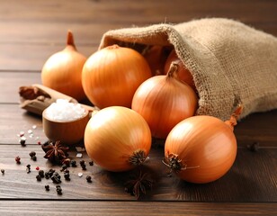 Onions spilling from a burlap sack with salt, pepper, and star anise, on a dark wood table surface