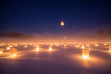 Thousands of glowing lanterns illuminate snowy landscape at dusk