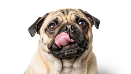 Obraz premium Playful pug with tongue out against a white background.