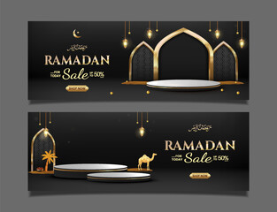 Set Ramadan Sale Banners With Gold Arches and Lanterns for Promotional Use