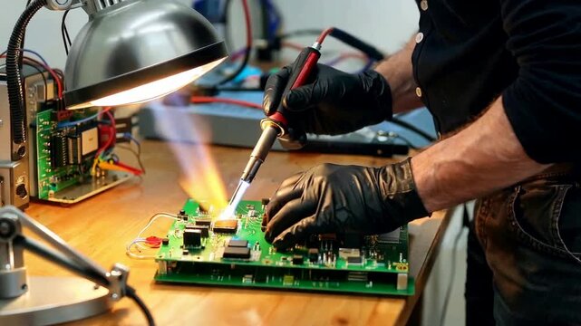 Skilled Technician Soldering Electronic Components on a Circuit Board Under Bright Light.