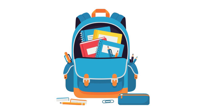 Blue backpack filled with school supplies and books.