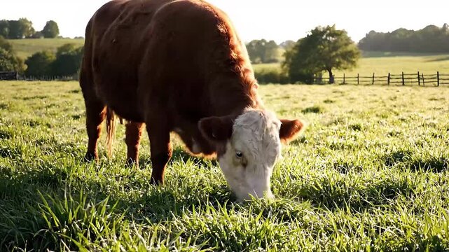 Brown and white cow grazing lush green grass in sunlit meadow peaceful rural farm landscape with trees and fence in background natural animal behavior agriculture concept