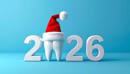 Numbers 2026 where instead of the number 0 there is a tooth in Santa Claus' hat on a blue background. New year for dental care hat