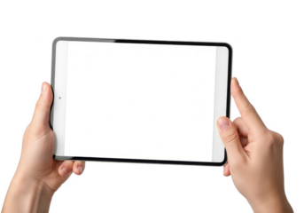 Hands holding a tablet with blank screen isolated on transparent background