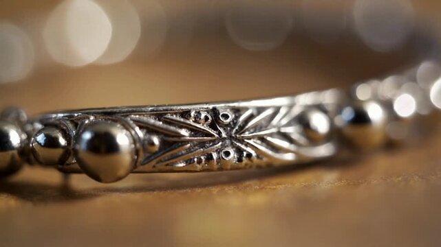 Macro close-up of a delicate silver payal, tiny bells trembling softly, metal reflections shimmering, engraving details sharp, gentle rhythmic movement, soft warm ambience.