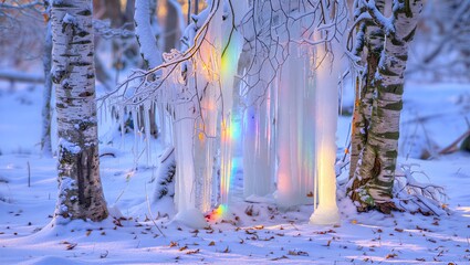 Rainbow light shines through icy winter forest landscape