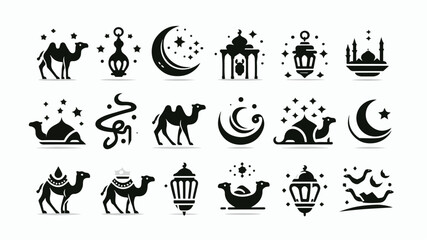 Ramadan and Eid Mubarak Silhouette Icon Set with Camels, Lanterns, Crescent Moon, and Mosque