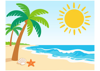 Digital card template, Vibrant beach scene suitable for travel, summer campaigns, and tropical vacation promotions.