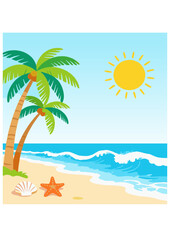 Obraz premium Digital card template, Vibrant tropical beach with palm trees, ocean waves, sun, and starfish, ideal for travel or vacation promotions.