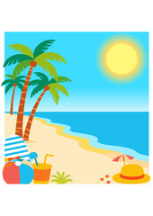 Obraz premium Digital card template, Vivid beach scene ideal for travel, summer, and leisure promotions featuring palm trees, sand, and ocean.