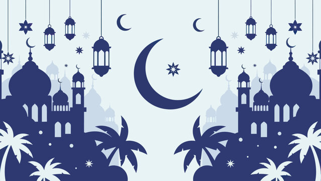 Islamic crescent moon and mosque silhouette with lanterns and palm trees. - Powered by Adobe