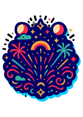 Fototapeta premium Digital card template, Vibrant fireworks explosion with bright colors, suitable for festive event promotion or celebration-themed designs.