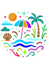 Digital card template, Vibrant beach scene with palm trees, umbrella, and waves ideal for travel, leisure, or tourism content.