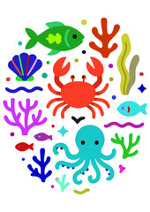 Digital card template, Vibrant underwater scene with various marine animals, suitable for educational, environmental, or ocean-themed content.