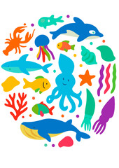 Digital card template, Vivid marine creatures suitable for educational, web, or promotional ocean-themed projects.