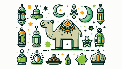 Cute Ramadan and Eid Icon Set with Camel, Lanterns, Crescent Moon, and Islamic Ornaments green