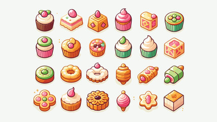 Obraz premium Cute Colorful Dessert and Pastry Icon Set with Cakes, Cupcakes, Donuts, and Sweets