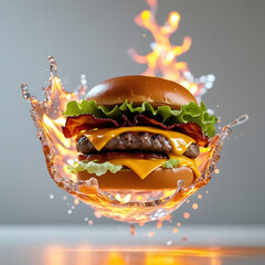 Double cheeseburger with bacon lettuce and water splash